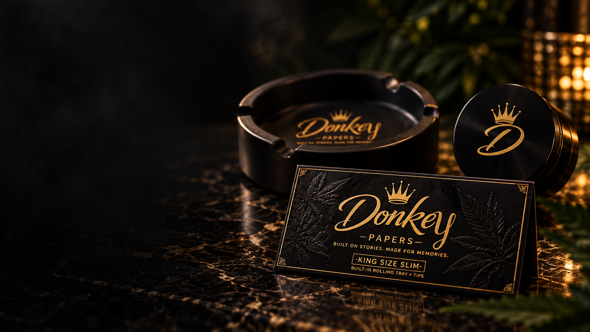 Donkey Papers rolling papers, grinder, and ashtray in a premium black and gold product scene